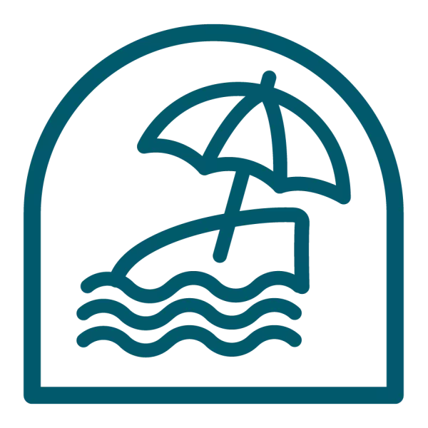 Icon of an umbrella at the beach to illustrate safety in water. 