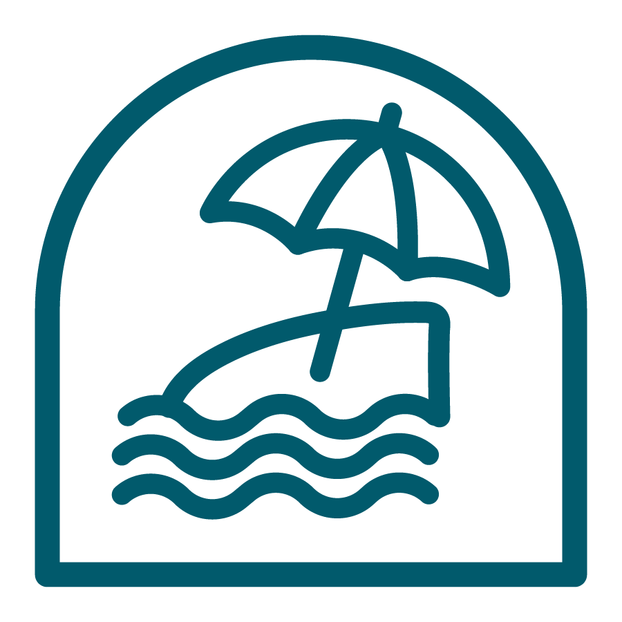 Icon of an umbrella at the beach to illustrate safety in water.