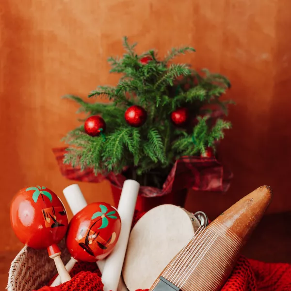 Main instruments used in a Christmas parranda: anderetas, güiro, palitos, maracas and tamboriles.