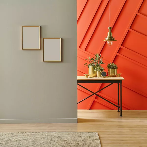 Interior shot of a hallway featuring a medium gray wall with a bright orange wall just behind it.