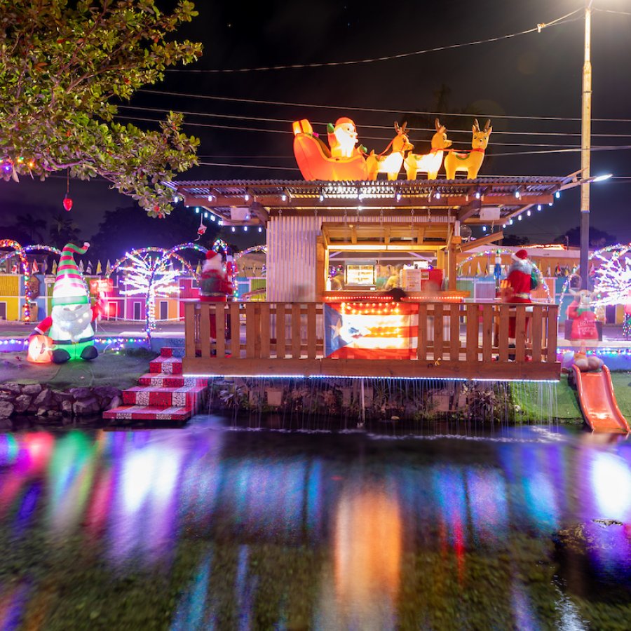 Christmas lights decorate a house in Puerto Rico