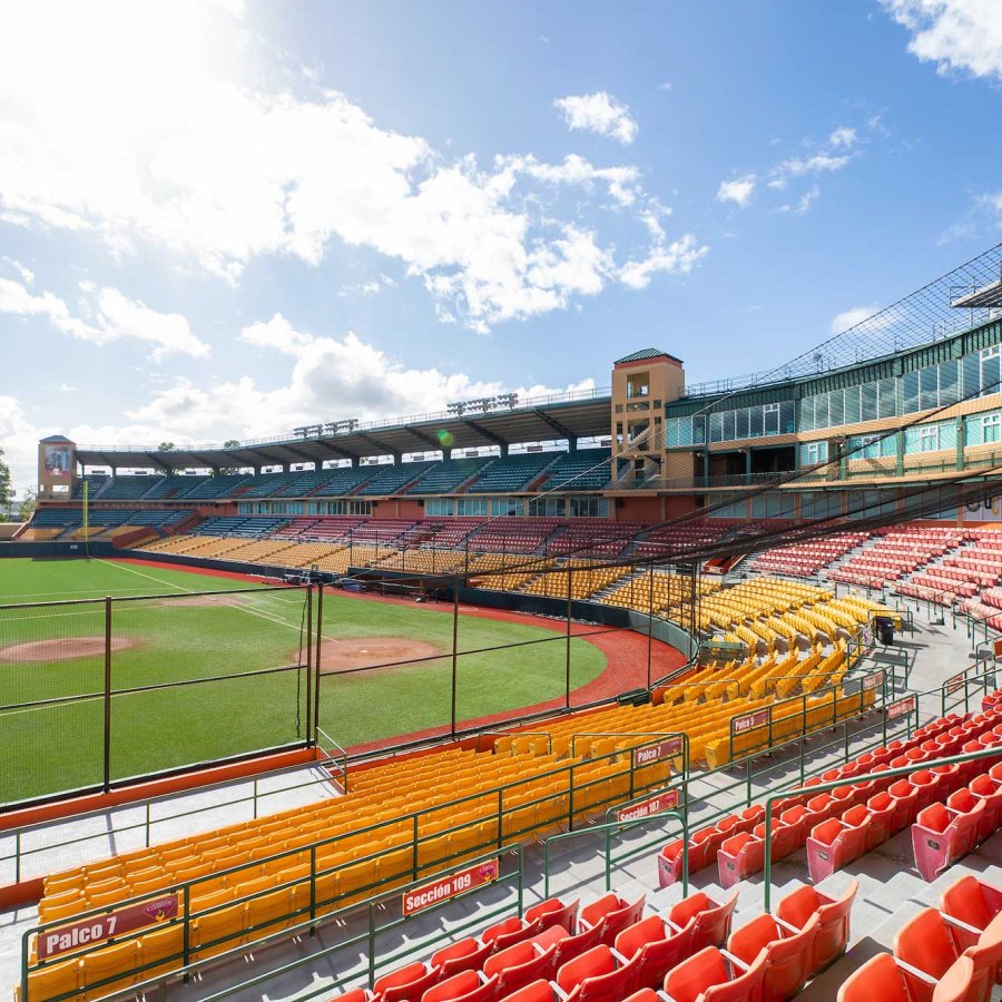 View of the baseball diamond with an empty stadium at Roberto Clemente Stadium in Carolina, Puerto Rico.