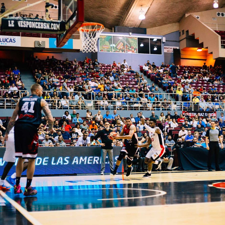 A basketball game is played to full stands at Coliseo Juan Pachin Vicens in Ponce, Puerto Rico. 