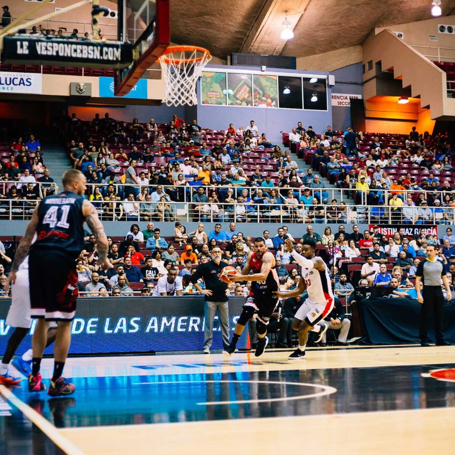 A basketball game is played to full stands at Coliseo Juan Pachin Vicens in Ponce, Puerto Rico.