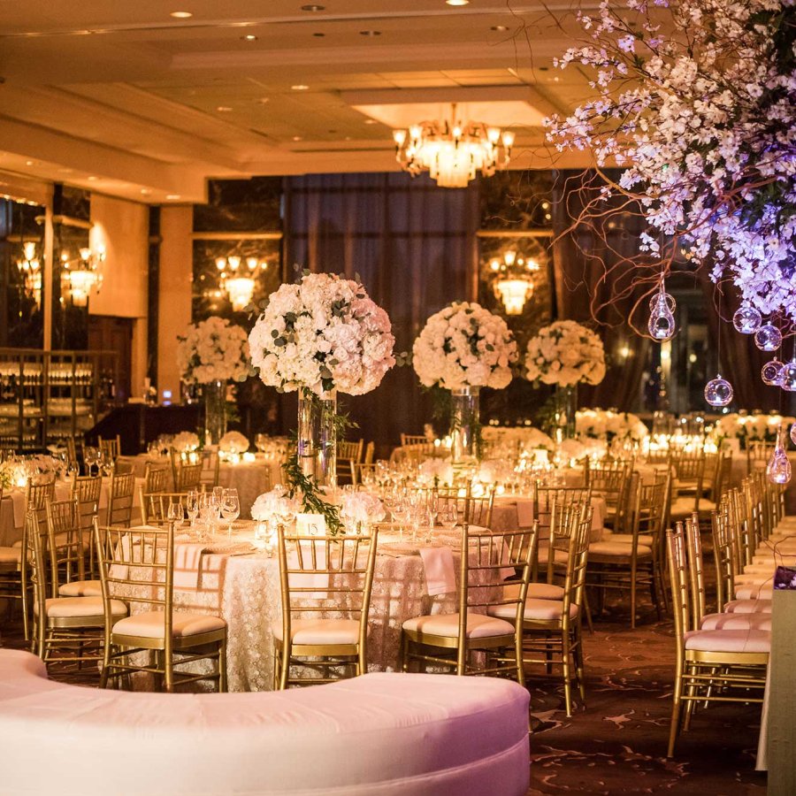 A reception room at Condado Vanderbilt Hotel, opulently decorated for a wedding. San Juan, Puerto Rico.