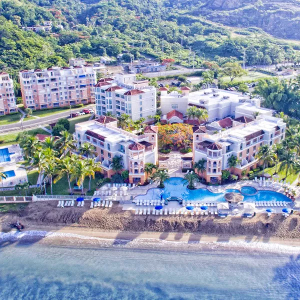 Aerial view of Rincón Beach Resort on Puerto Rico’s west coast, offering sunset ceremonies and affordable wedding packages in Puerto Rico.
