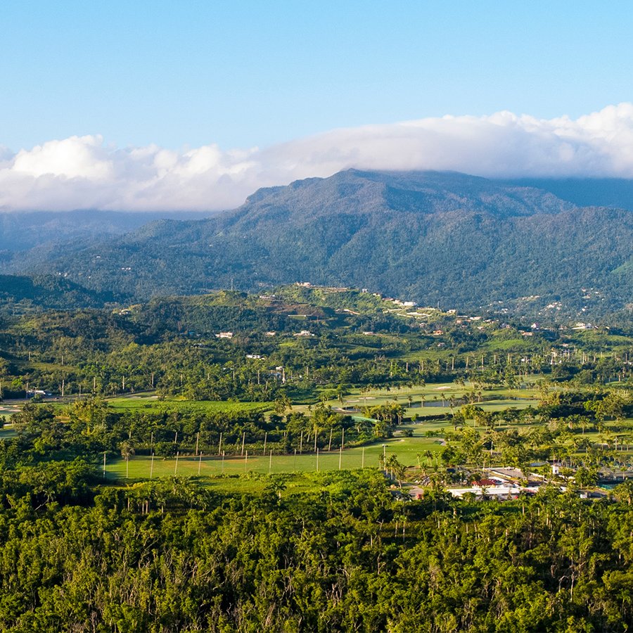 An aerial view of Puerto Rico's east region, including El Yunque National Forest and the surrounding area.