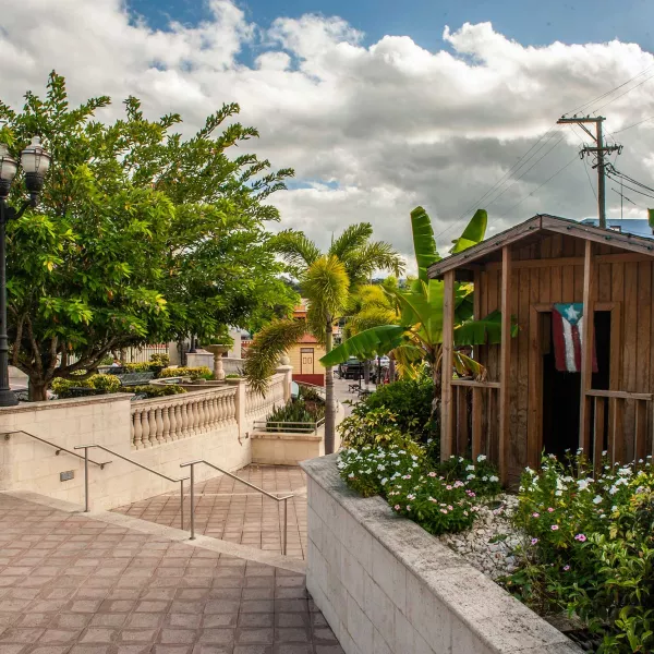 Historic buildings and lush trees in the main plaza of Corozal, Puerto Rico.