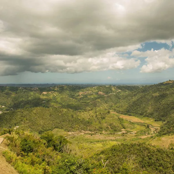 Expansive view of the lush green hills and landscape near Morovis, Puerto Rico.