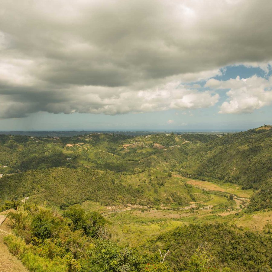An expansive view of the green hills of Morovis, Puerto Rico.