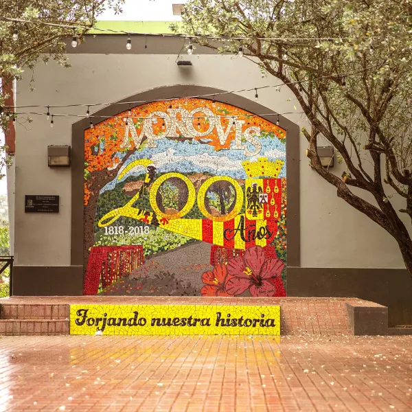 A colorful mosaic honoring Morovis' history in the town's brick-lined square.