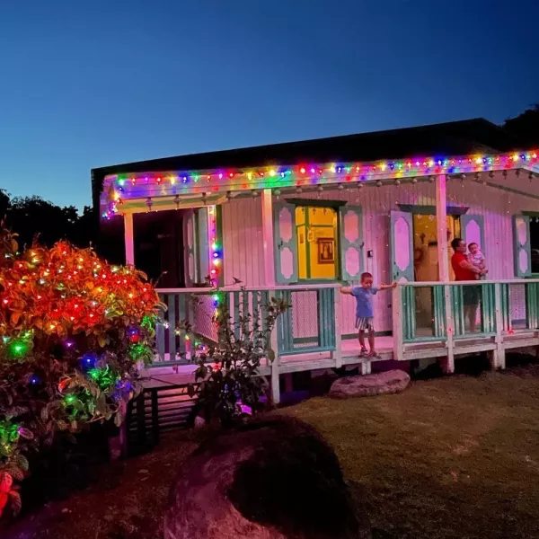 House decorated with holiday lights.
