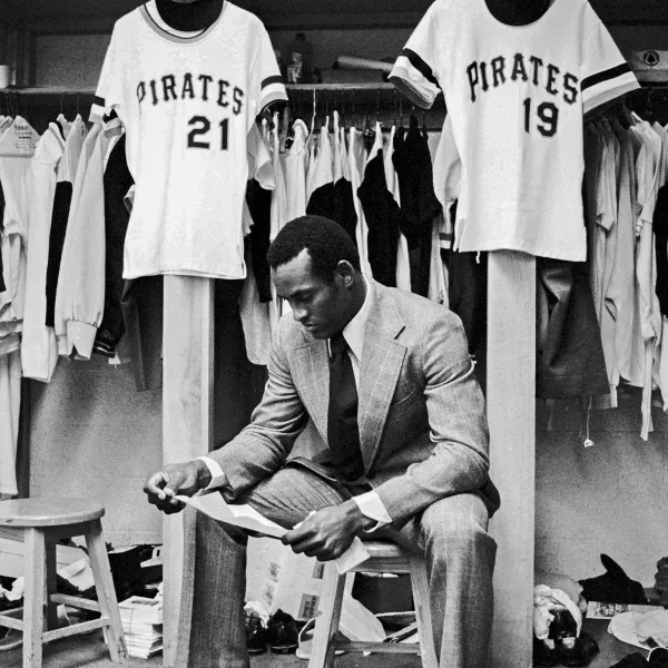 Roberto Clemente in his dressing room.