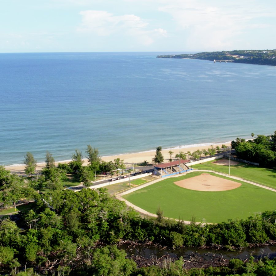 Aerial view of baseball field and beach.