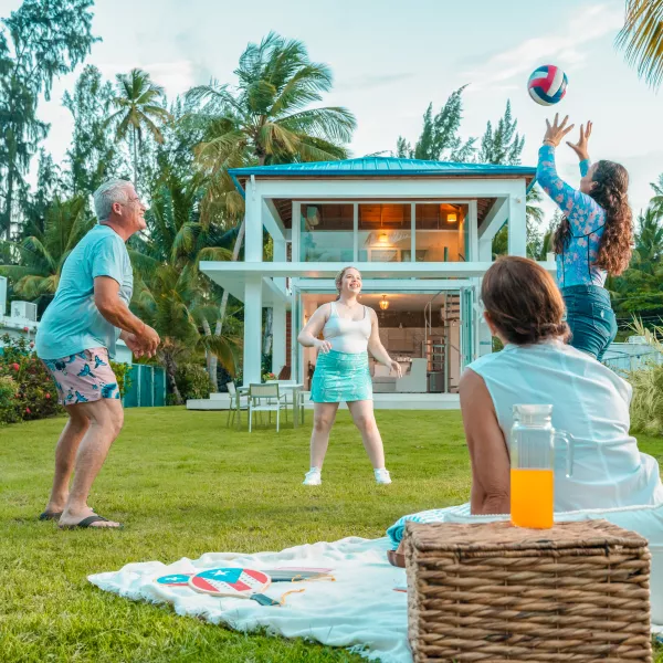 Family playing in the backyard.