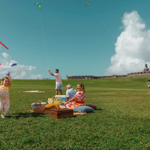 A family enjoys a sunny day flying kites on a wide green lawn near a historic coastal fort, with colorful kites in the sky and a picnic setup on the grass.