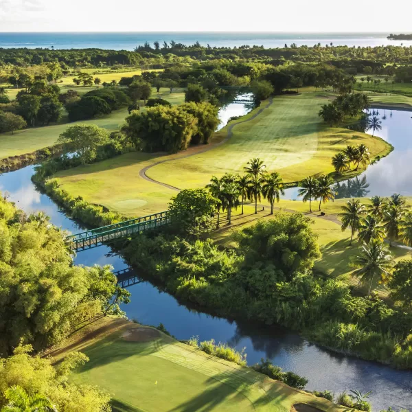 Aerial view of the Río Mar golf course in Río Grande, Puerto Rico, featuring lush green fairways, winding water hazards, palm-lined landscapes, and a scenic bridge, with the ocean visible in the distance.