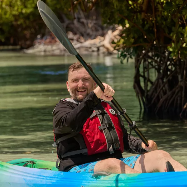 Saxboy Billy kayaking