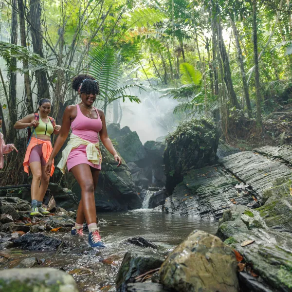 Senderistas cruzan un arroyo rocoso rodeado de exuberante vegetación tropical en un sendero de El Yunque National Forest, Puerto Rico.