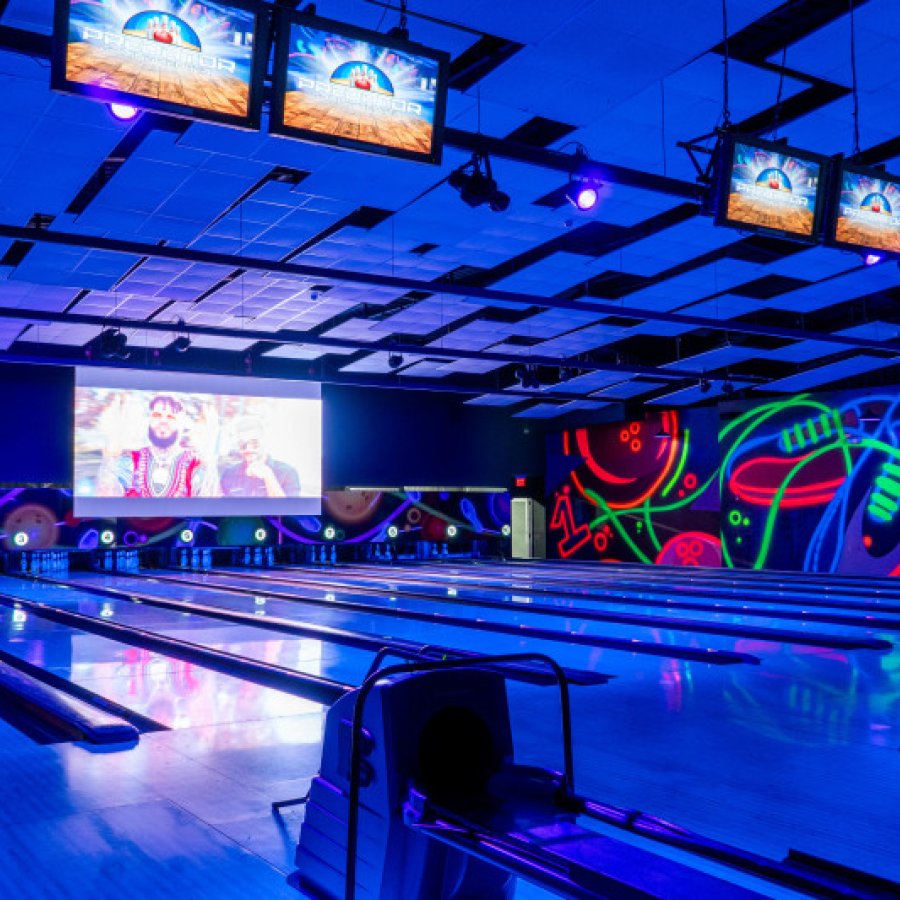 The glow-in-the-dark bowling alley at Predator Gaming Center.