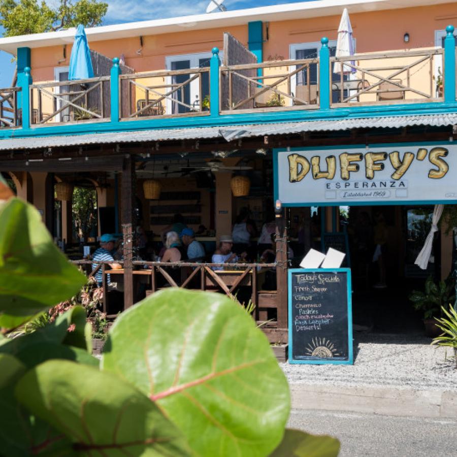 View of the front entrance to an open-air restaurant in Vieques. 