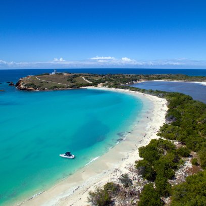 Serene aerial view of Playuela Beach, a top calm beach in Puerto Rico.