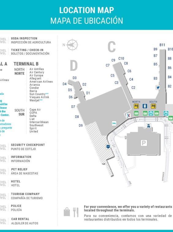 Un mapa del aeropuerto luis marin muñoz en San Juan Puerto Rico (SJU)