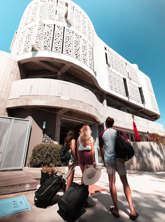 Modern facade of El Blok hotel, a stylish beachfront stay in the heart of Vieques.