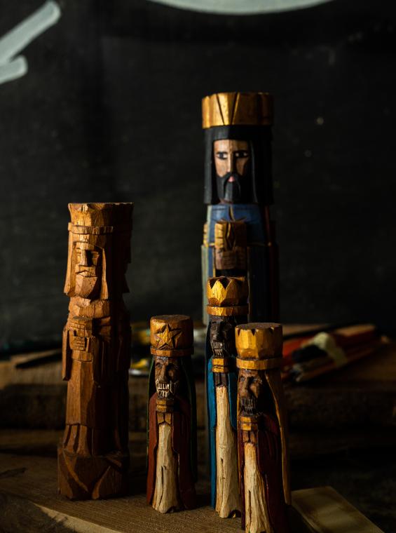 View of the Magi carved in wood by local artisans. 