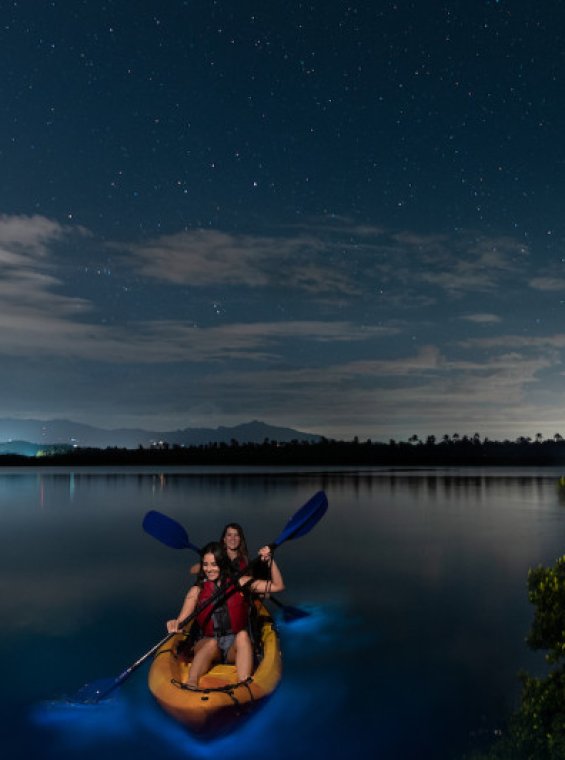 A couple kayaks through Fajardo's bioluminescent bay 